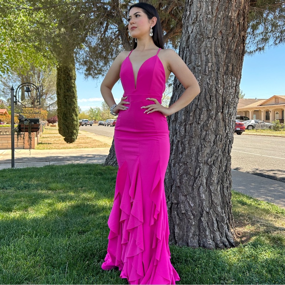 Ruffle Tiered Hot Pink Floor Length Maxi Gown NWT